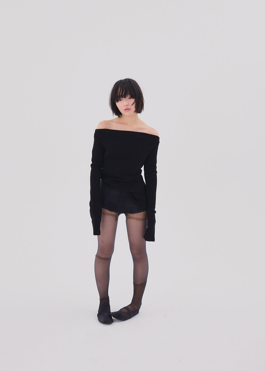 Slit 2Way / STUDIO SI 【あぴたろ】COMME Top Yamamoto｜THE Yohji Black): DRESS(XS SLV SHORT PANEL VOILE Ry/Si トップス